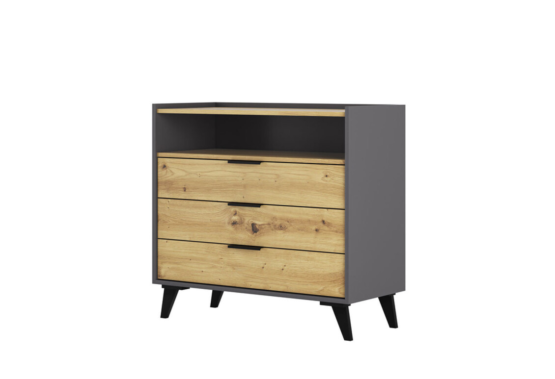 Комод Каміла з 3 шухлядами та полицею 90 см, дуб артизан, графіт / графіт
