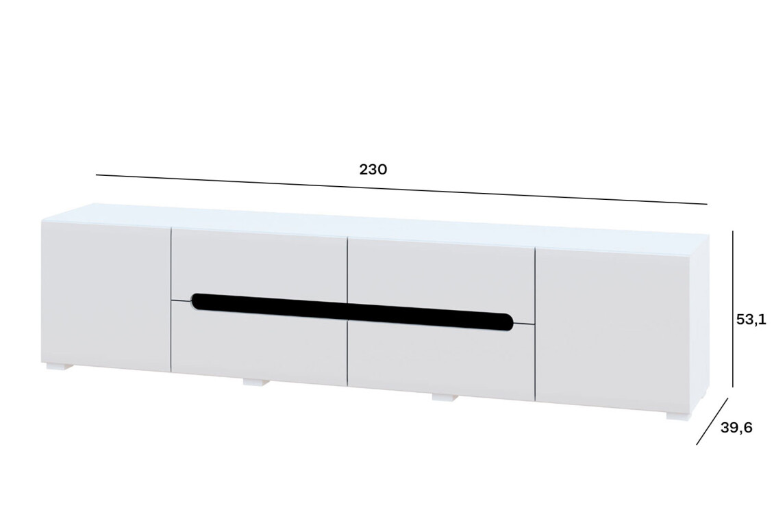 Тумба під ТВ Бянко з 2 дверцятами та шухлядами 230 см, Біла з чорною вставкою 4